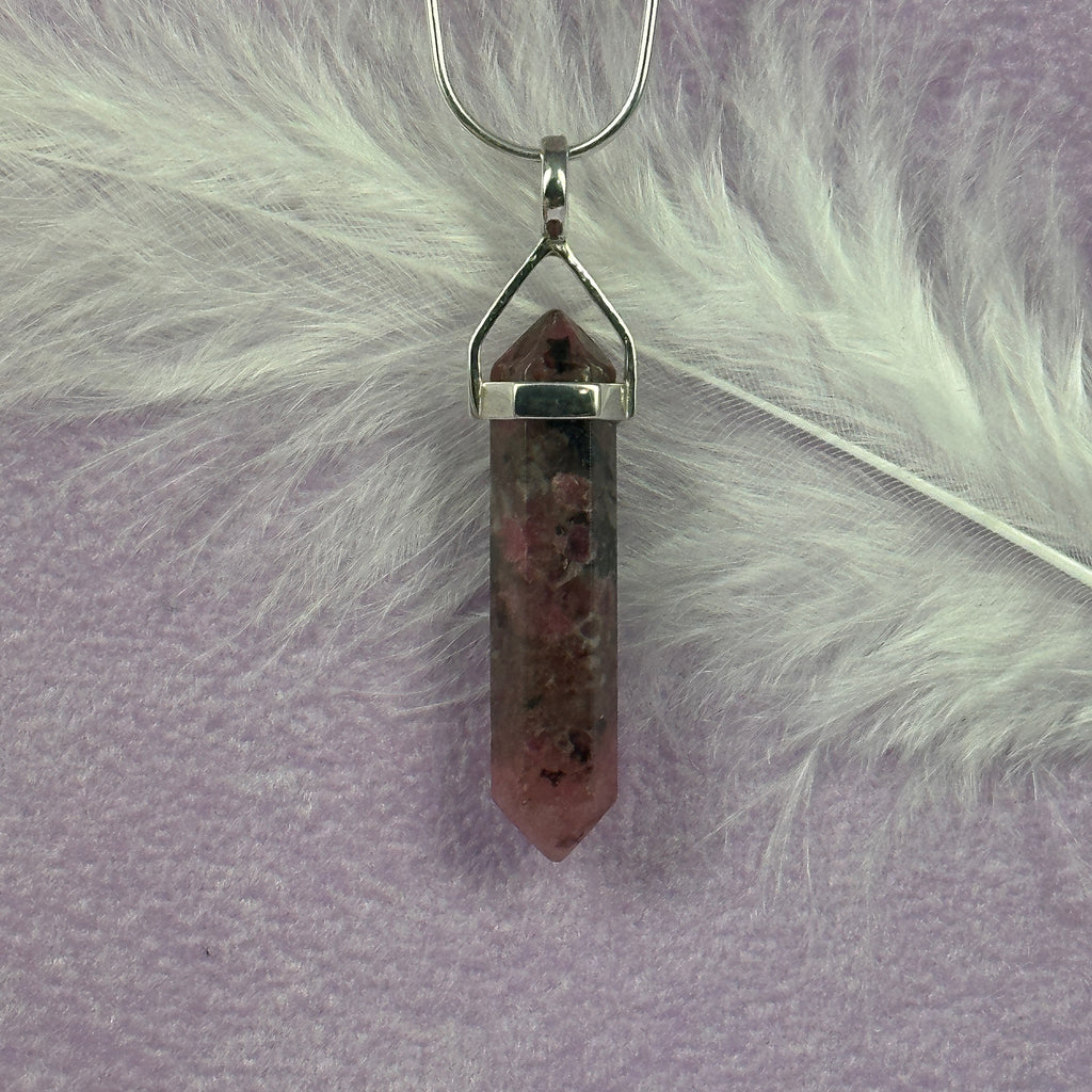 925 Silver Rhodonite in Quartz crystal double terminated point pendant 3.8g SN53002