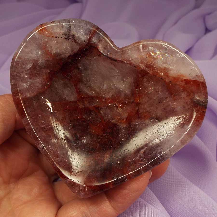 Beautiful heart shaped Red Hematite Quartz bowl, Rainbows 282g SN54200